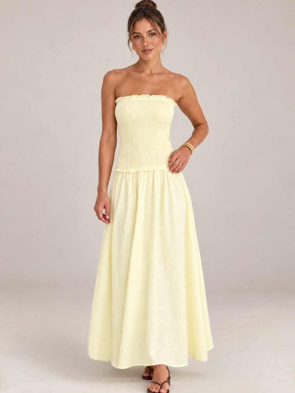 Princess Polly Strapless Smocked Maxi Dress in Pale Yellow